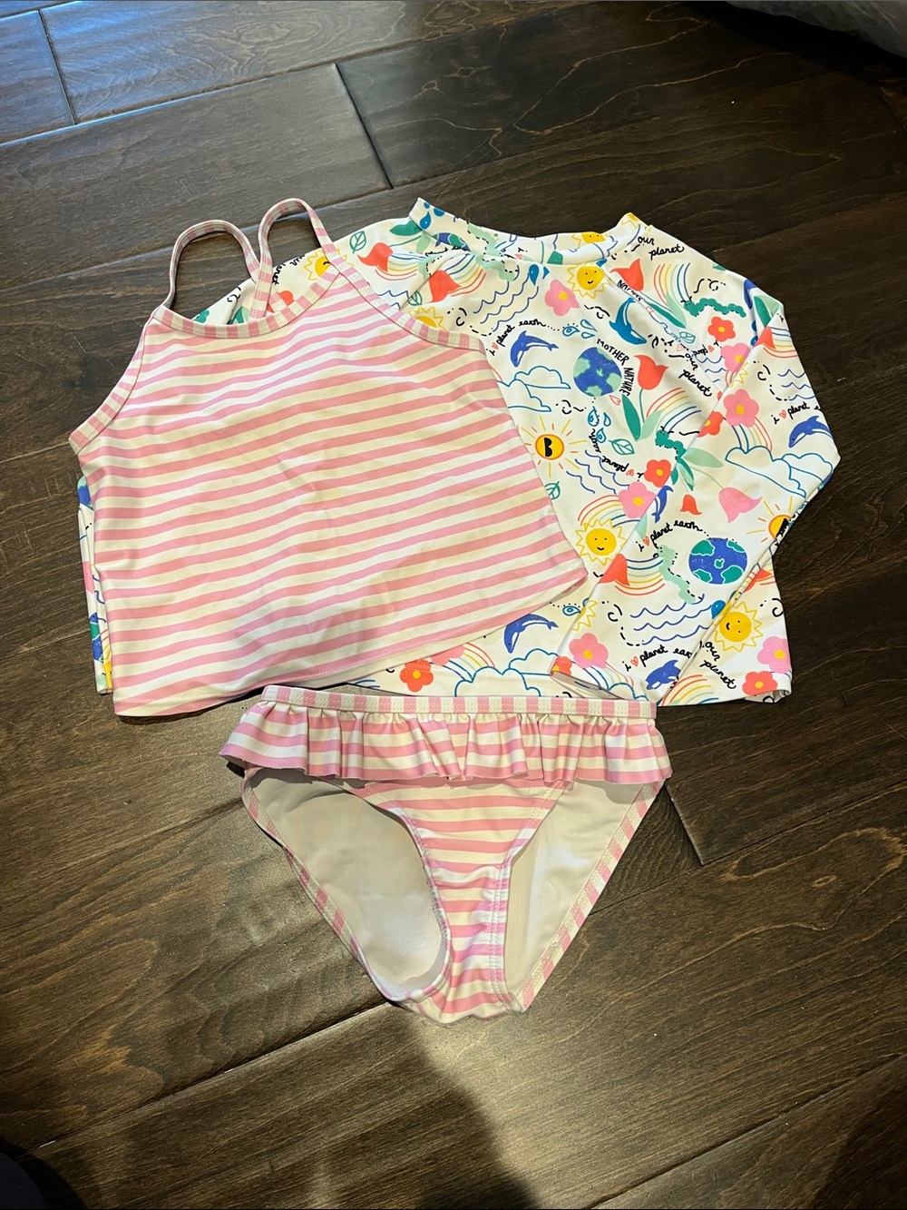 Girls Pink Striped Tankini Set Rash Guard